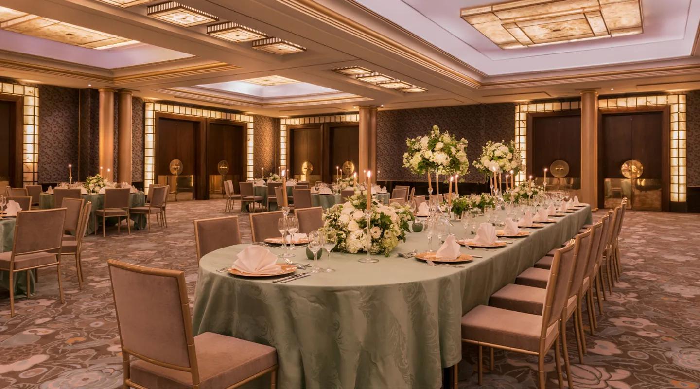 Sumptuously decorated wedding hall, elegant atmosphere at the Hotel du Collectoreur.