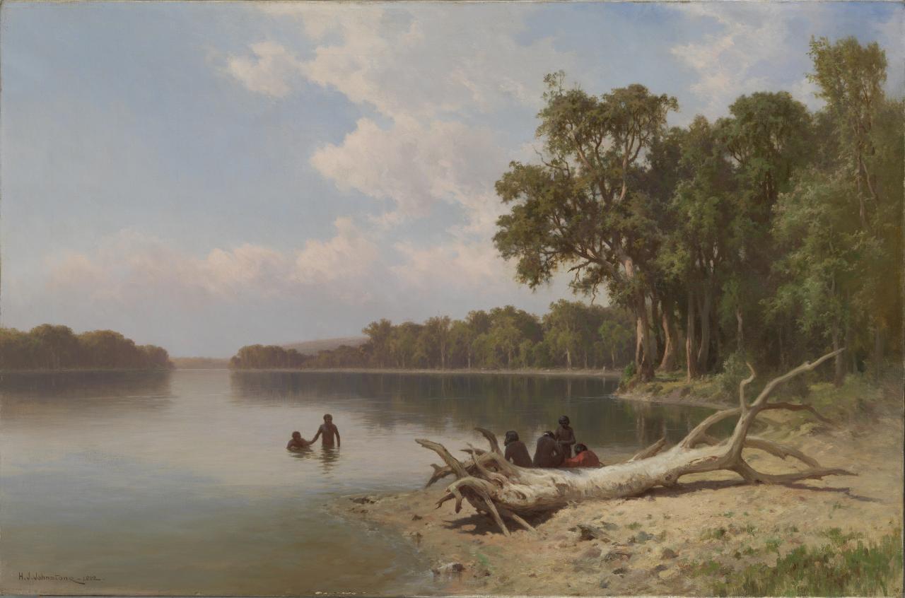 H. J. JOHNSTONE<br/>
<em>Morning on the Murray near Blanchetown</em> 1882 <!-- (recto) --><br />

oil on canvas<br />
67.0 x 101.5 cm<br />
National Gallery of Victoria, Melbourne<br />
Bequest of Duncan Elphinstone McBride Leary, 2011<br />
2011.37<br />

<!--98097-->