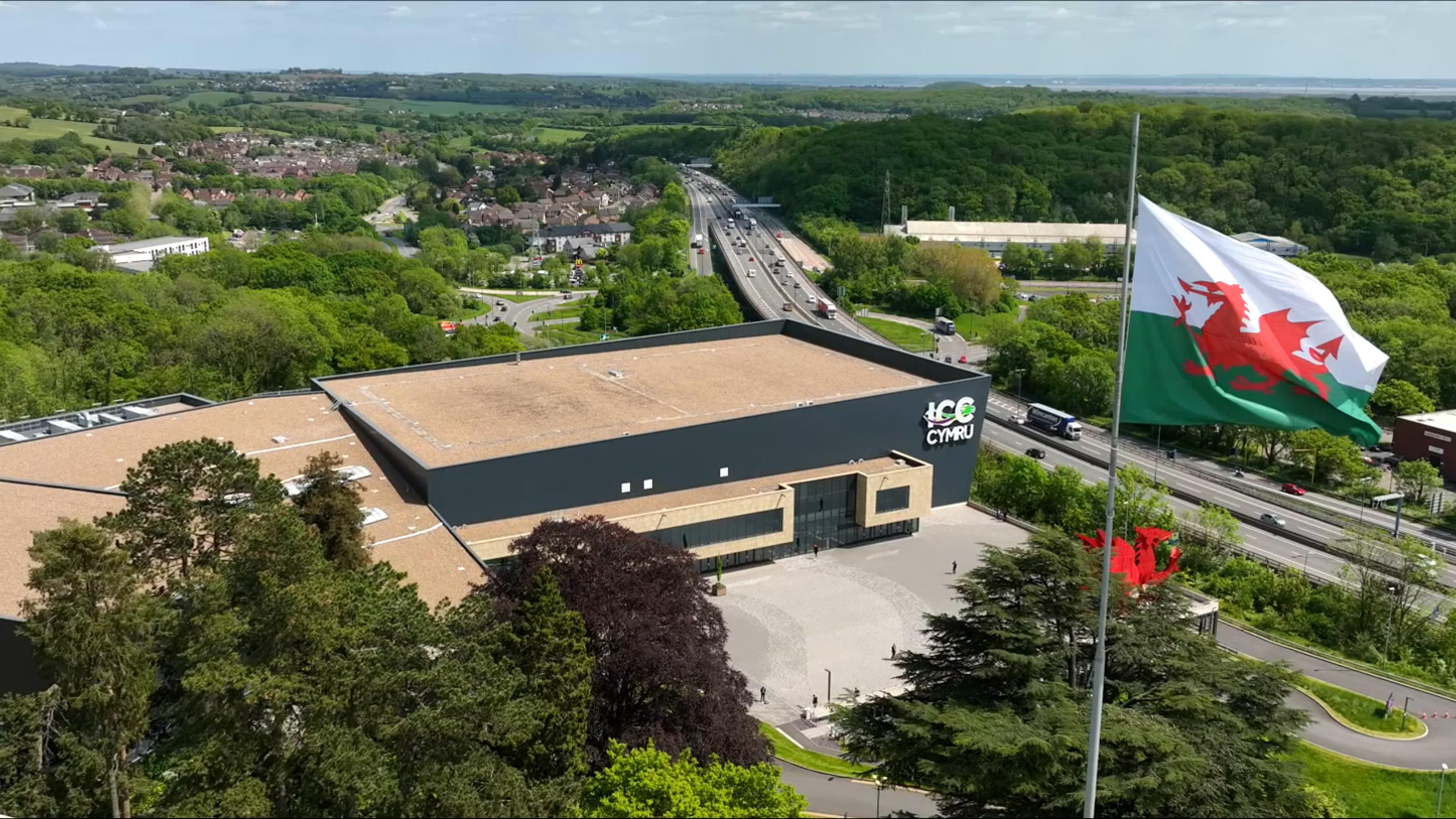 An aerial shot of the exterior of ICC Wales