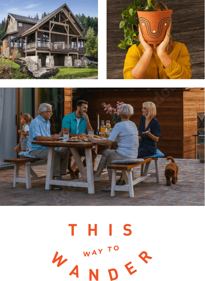A cozy collage features a charming cabin at Suncadia, a person cradling a plant pot, and a family dining alfresco with their loyal dog nearby, encapsulating the essence of warmth and togetherness.