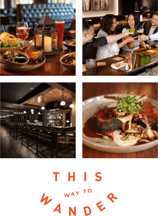 Restaurant collage at Suncadia Resort: vibrant dishes with drinks, friends toasting, and a cozy dining area. A succulent steak with vegetables steals the spotlight, accompanied by "This Way to Wander" text. Discover an unforgettable experience in this elegant Suncadia setting.