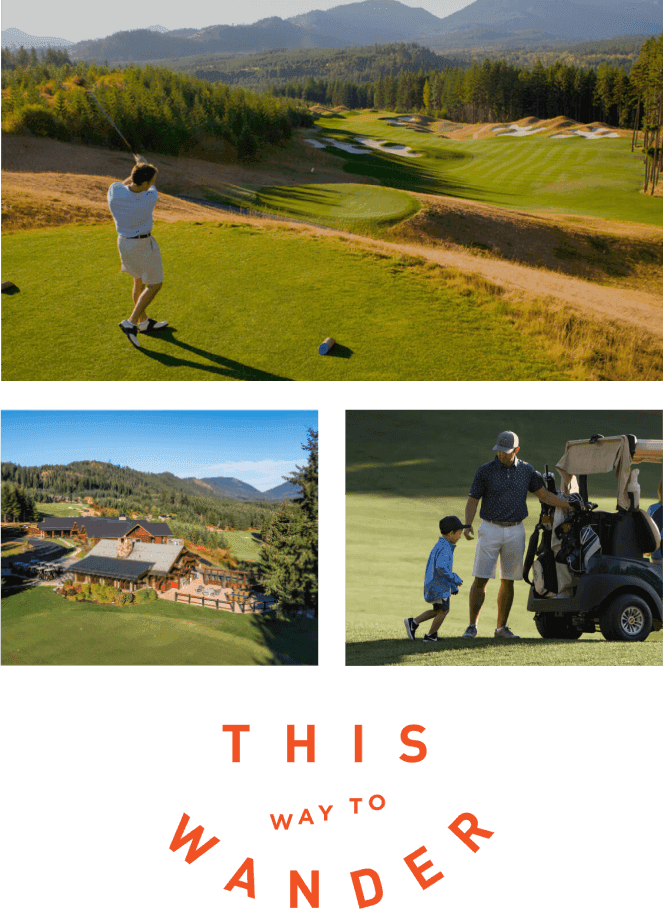 Golf course with a person swinging a club, aerial view of the clubhouse at Suncadia Resort, and two people near a golf cart. Text at bottom reads, "This way to wander.