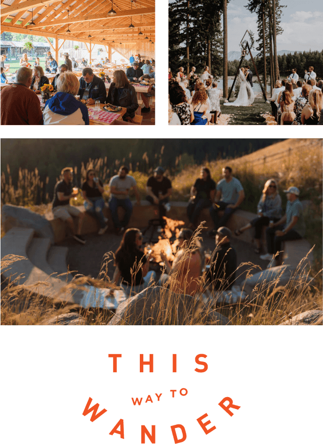Three photos: people enjoying a picnic, a wedding ceremony in the woods, and a group sitting around a campfire. Text at the bottom reads, "This way to wander," inviting you to explore Suncadia Resort Washington and its nearby Cle Elum restaurants.