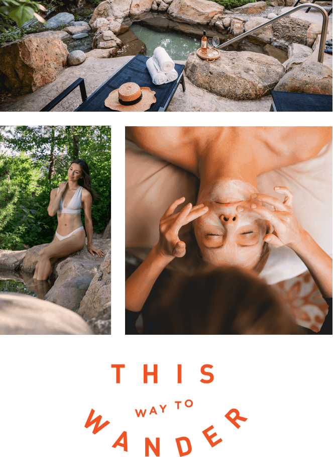 Suncadia spa scene collage: an outdoor hot tub with towels and a drink, a person in a swimsuit by the water, and someone enjoying a facial treatment. Text reads "This way to wander." Afterward, savor local flavors at Cle Elum restaurants near Suncadia Resort Washington.