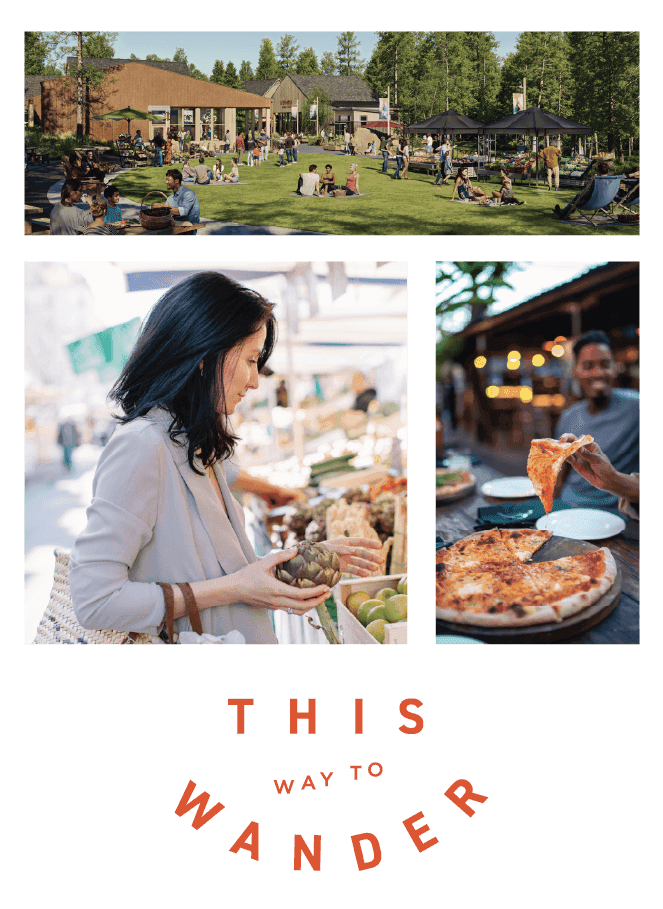 A collage shows people lounging on a lawn, a woman shopping at an outdoor market, and someone sharing pizza at a restaurant. Text below reads, “This way to wander.”.
