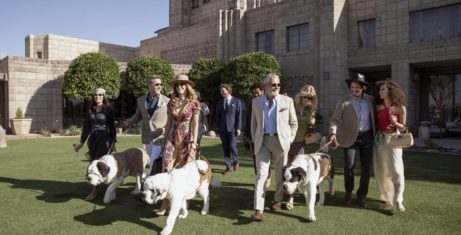 A group of eight well-dressed people are walking three large Saint Bernard dogs on a lush lawn in front of a grand building. The scene, bathed in sunlight, captures an air of joyful reinvention as they appear happy and relaxed in their elegant surroundings.
