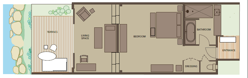 A floor plan of a luxurious room with a living space, bedroom, bathroom, dressing area, and terrace.
