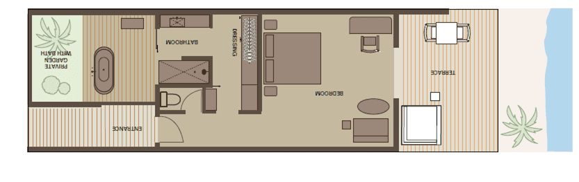 A floor plan showing a bedroom, bathroom with a private garden, and a terrace facing the beach.